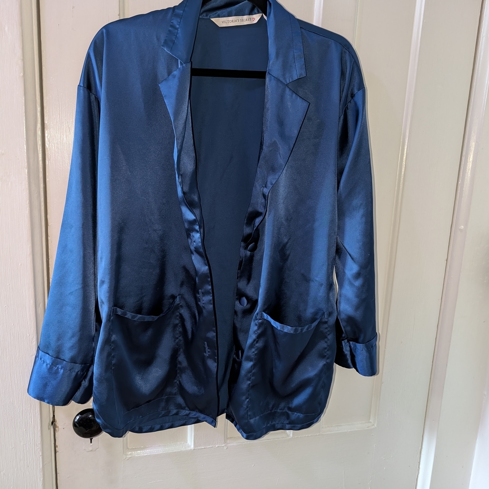 Victoria’s Secret Satin Pajama Top Navy Blue Button Front Lounge Sleep Shirt